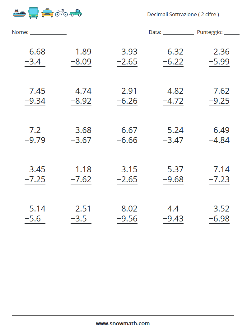 (25) Decimali Sottrazione ( 2 cifre ) Fogli di lavoro di matematica 10