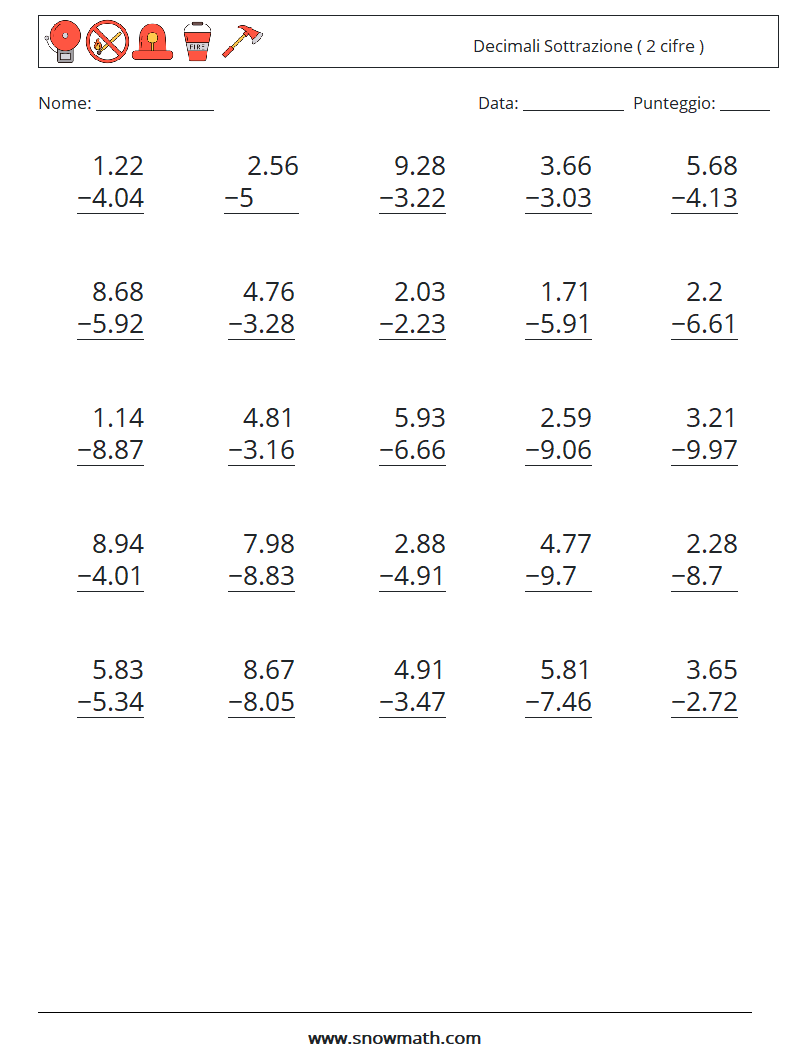 (25) Decimali Sottrazione ( 2 cifre ) Fogli di lavoro di matematica 11