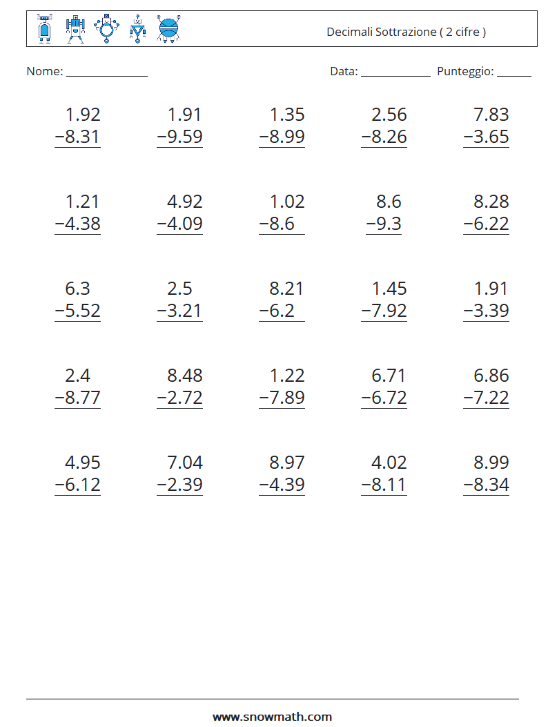 (25) Decimali Sottrazione ( 2 cifre ) Fogli di lavoro di matematica 13