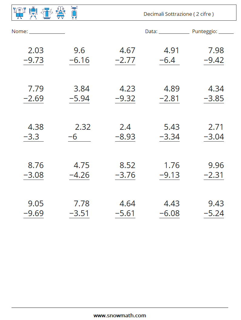 (25) Decimali Sottrazione ( 2 cifre ) Fogli di lavoro di matematica 14