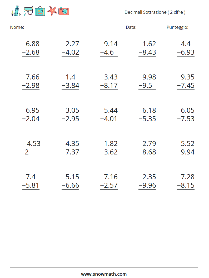 (25) Decimali Sottrazione ( 2 cifre ) Fogli di lavoro di matematica 15