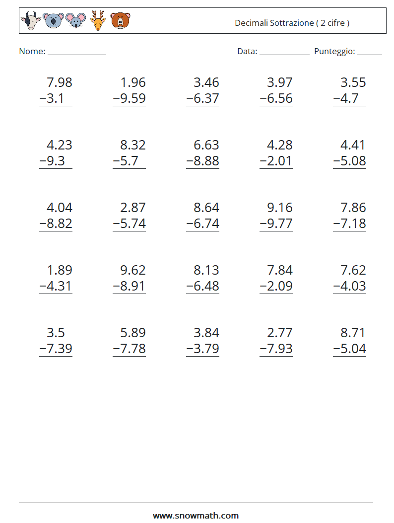 (25) Decimali Sottrazione ( 2 cifre ) Fogli di lavoro di matematica 16