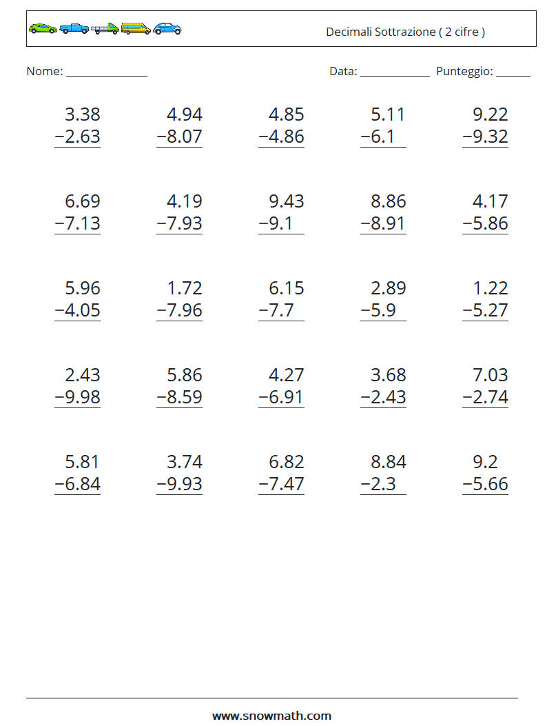 (25) Decimali Sottrazione ( 2 cifre ) Fogli di lavoro di matematica 17