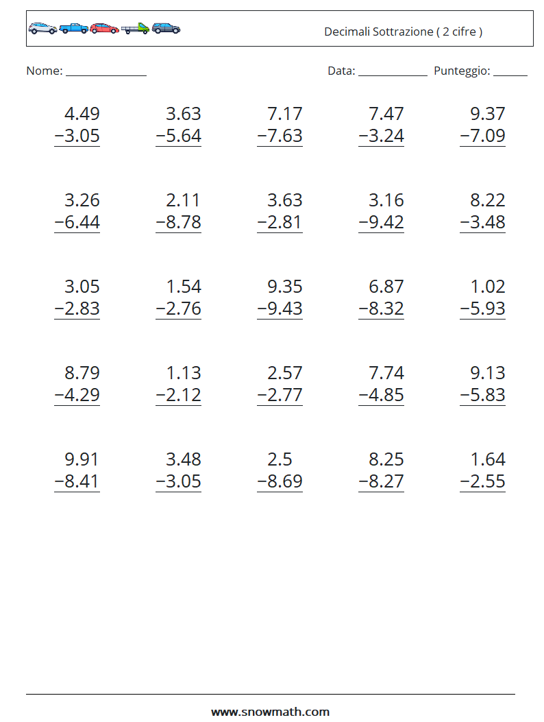(25) Decimali Sottrazione ( 2 cifre ) Fogli di lavoro di matematica 18