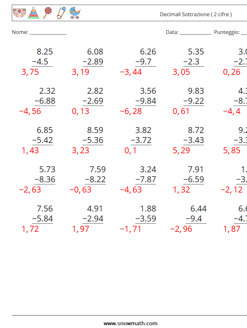 (25) Decimali Sottrazione ( 2 cifre ) Fogli di lavoro di matematica 1 Domanda, Risposta