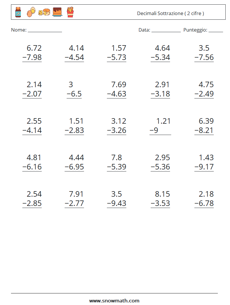 (25) Decimali Sottrazione ( 2 cifre ) Fogli di lavoro di matematica 2
