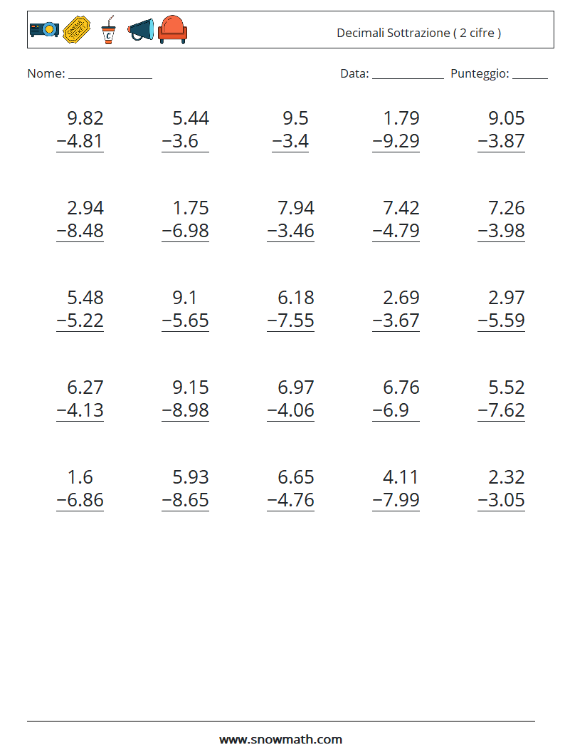 (25) Decimali Sottrazione ( 2 cifre ) Fogli di lavoro di matematica 3