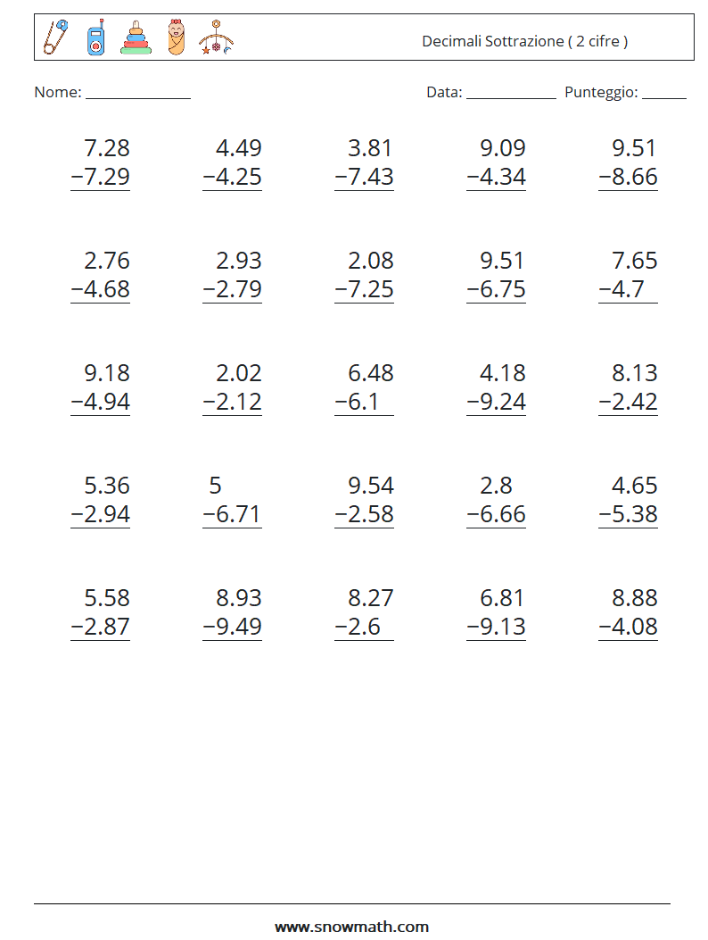 (25) Decimali Sottrazione ( 2 cifre ) Fogli di lavoro di matematica 4