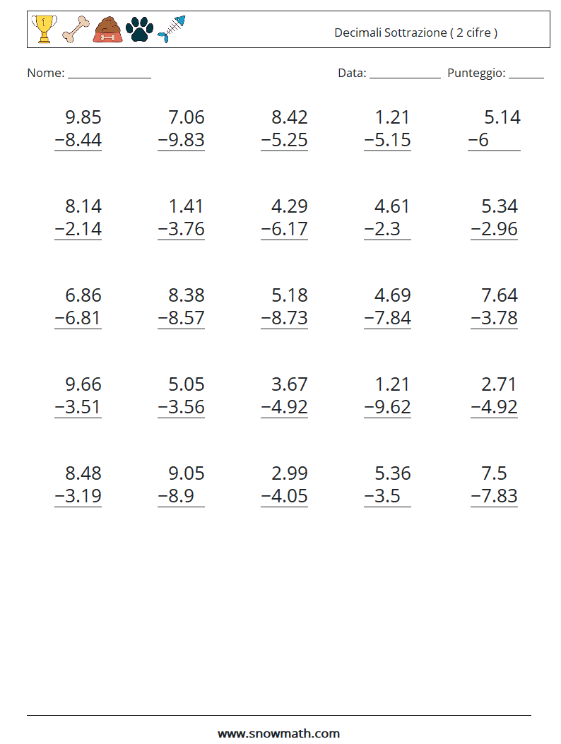 (25) Decimali Sottrazione ( 2 cifre ) Fogli di lavoro di matematica 5
