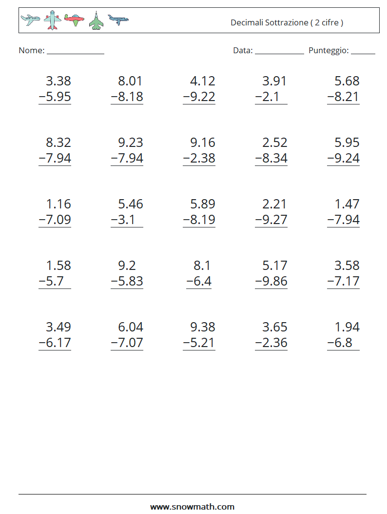 (25) Decimali Sottrazione ( 2 cifre ) Fogli di lavoro di matematica 6