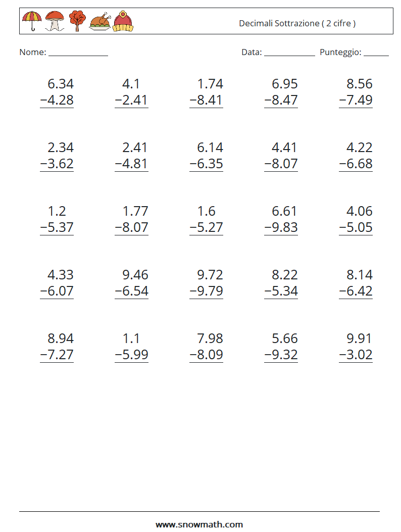 (25) Decimali Sottrazione ( 2 cifre ) Fogli di lavoro di matematica 7