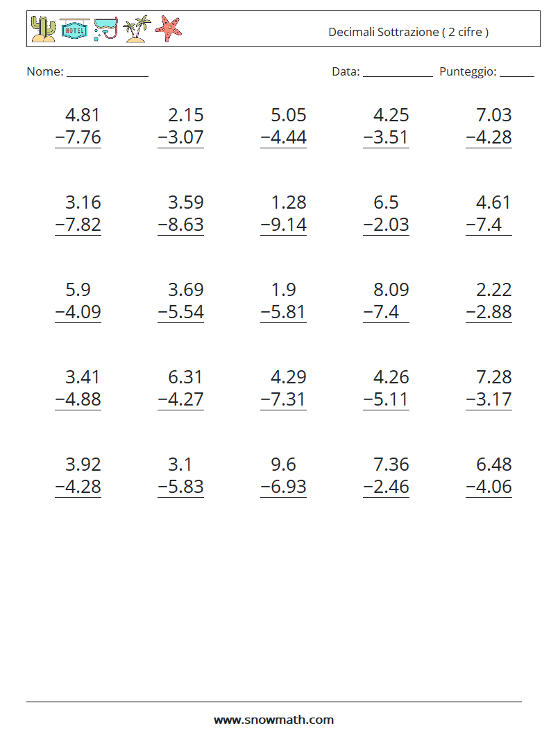 (25) Decimali Sottrazione ( 2 cifre ) Fogli di lavoro di matematica 8