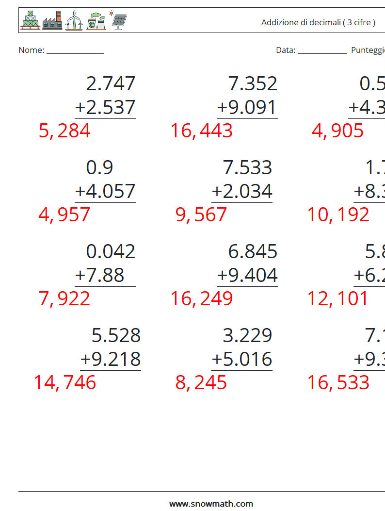 (12) Addizione di decimali ( 3 cifre ) Fogli di lavoro di matematica 10 Domanda, Risposta