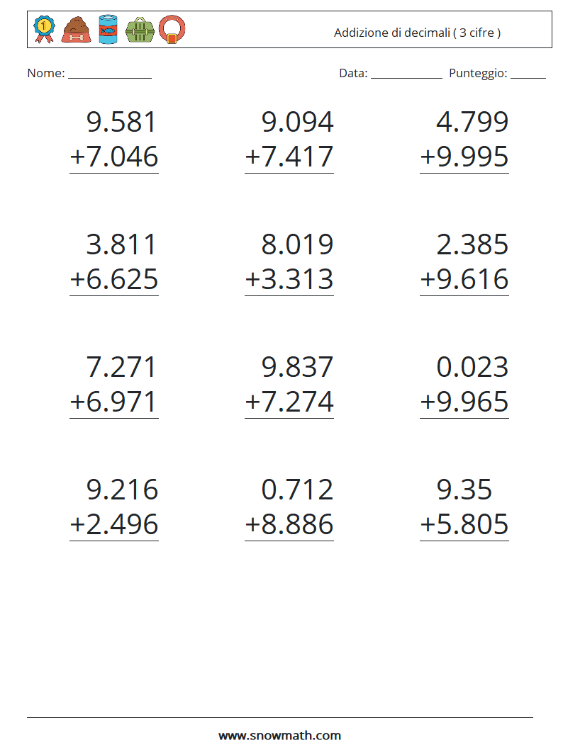 (12) Addizione di decimali ( 3 cifre ) Fogli di lavoro di matematica 13