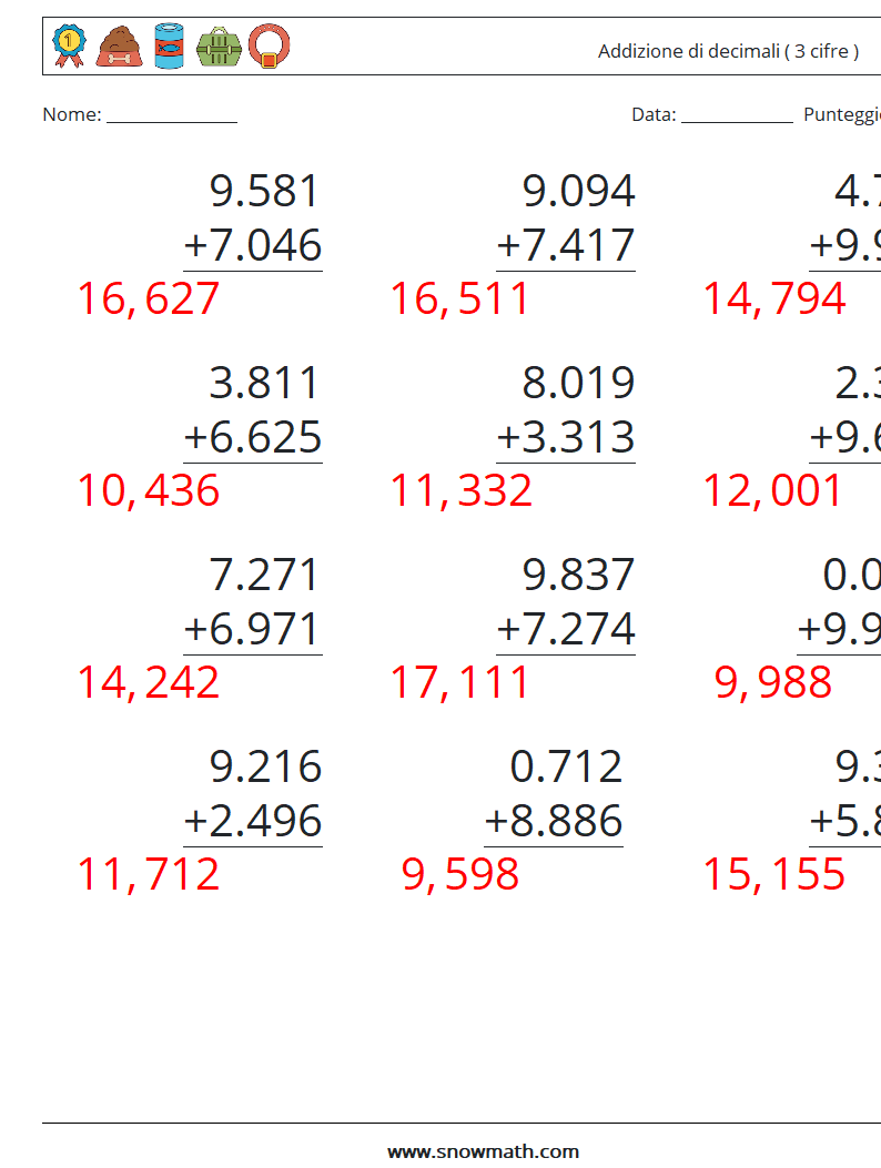 (12) Addizione di decimali ( 3 cifre ) Fogli di lavoro di matematica 13 Domanda, Risposta