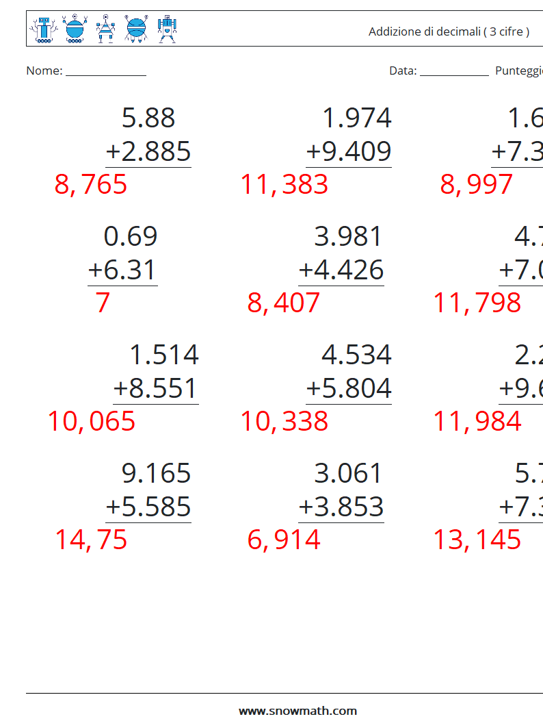 (12) Addizione di decimali ( 3 cifre ) Fogli di lavoro di matematica 17 Domanda, Risposta