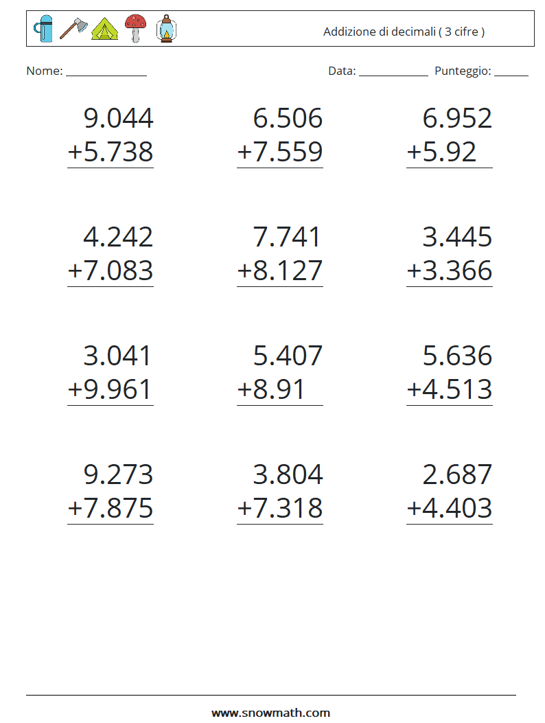 (12) Addizione di decimali ( 3 cifre ) Fogli di lavoro di matematica 18