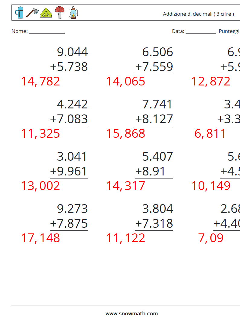 (12) Addizione di decimali ( 3 cifre ) Fogli di lavoro di matematica 18 Domanda, Risposta