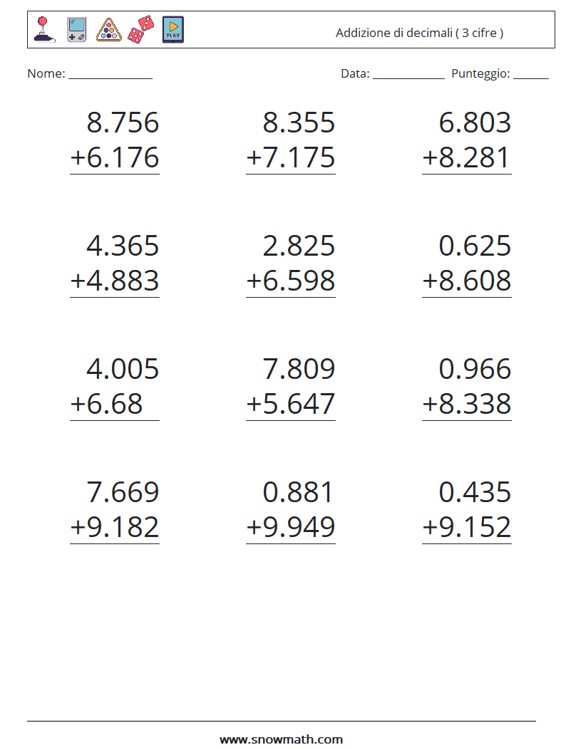 (12) Addizione di decimali ( 3 cifre ) Fogli di lavoro di matematica 2