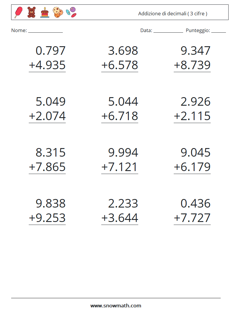 (12) Addizione di decimali ( 3 cifre ) Fogli di lavoro di matematica 3