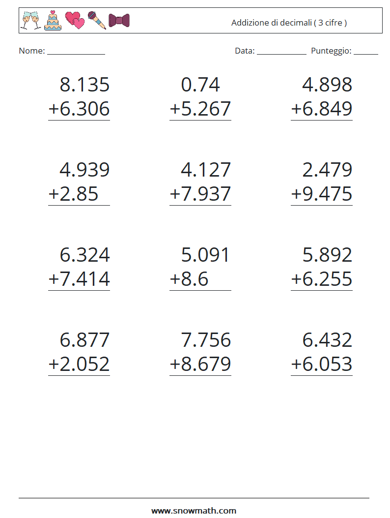 (12) Addizione di decimali ( 3 cifre ) Fogli di lavoro di matematica 4