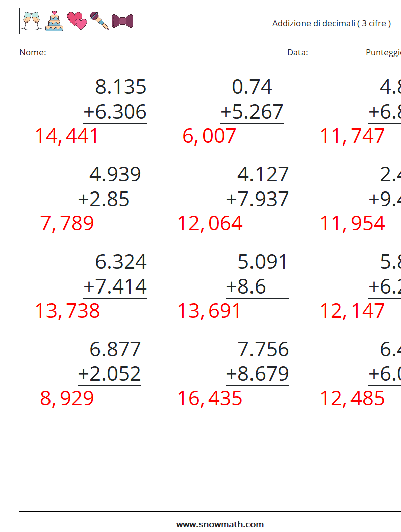 (12) Addizione di decimali ( 3 cifre ) Fogli di lavoro di matematica 4 Domanda, Risposta