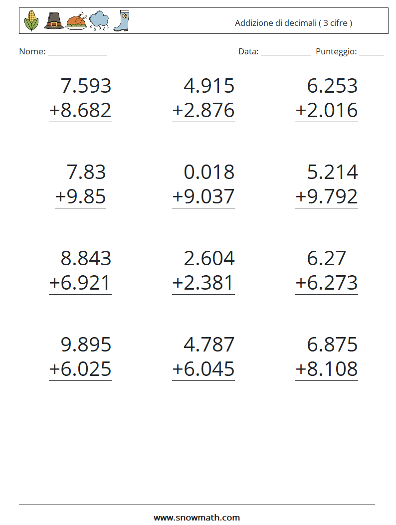 (12) Addizione di decimali ( 3 cifre ) Fogli di lavoro di matematica 5