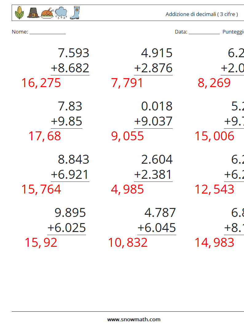 (12) Addizione di decimali ( 3 cifre ) Fogli di lavoro di matematica 5 Domanda, Risposta