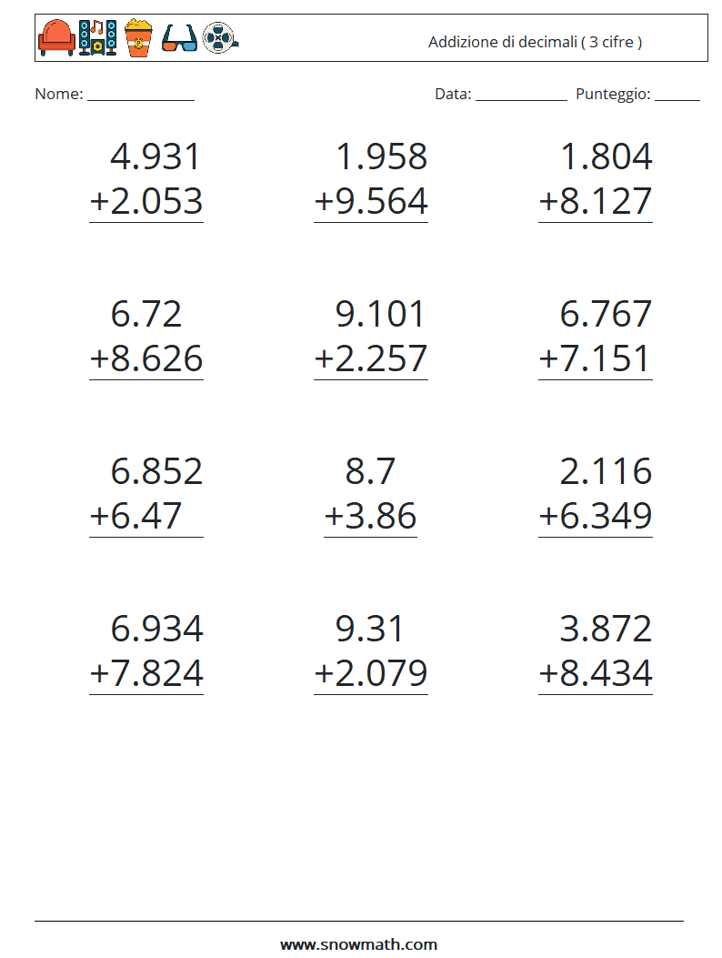 (12) Addizione di decimali ( 3 cifre ) Fogli di lavoro di matematica 6