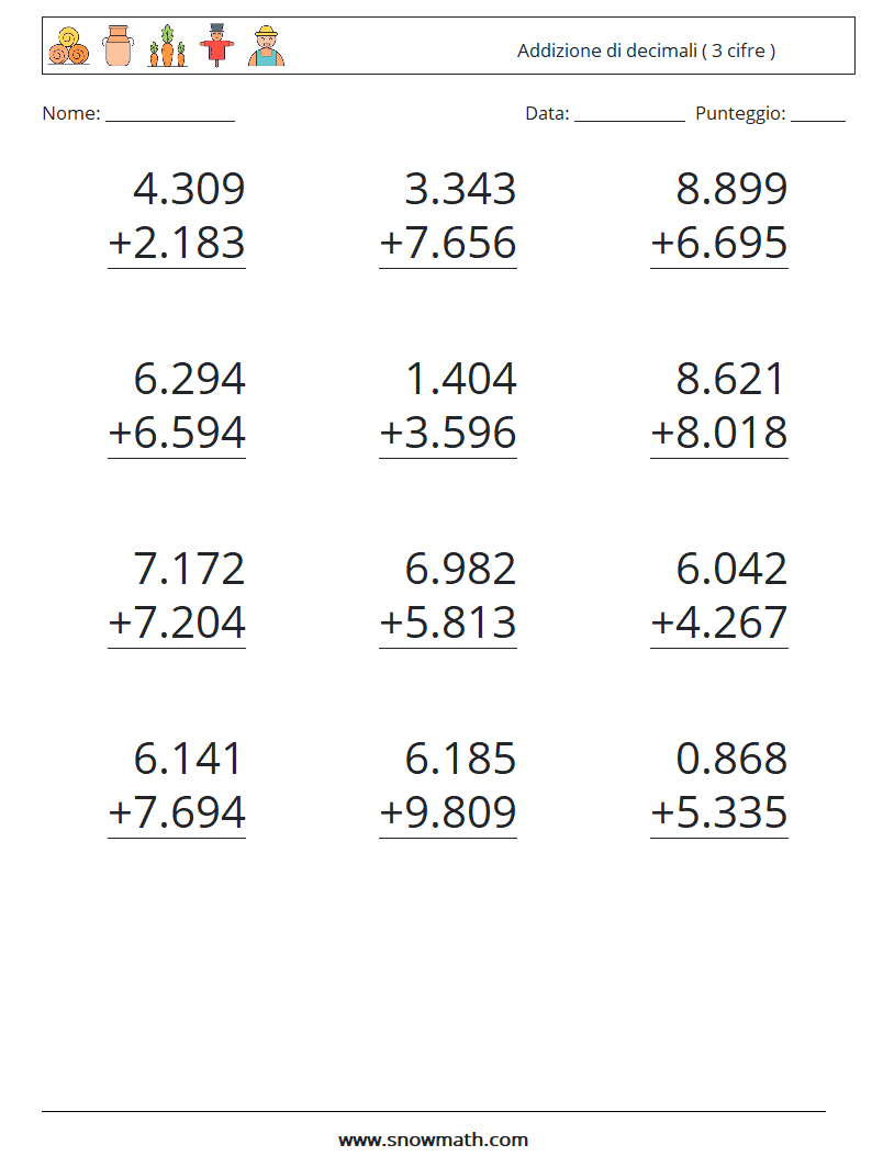 (12) Addizione di decimali ( 3 cifre ) Fogli di lavoro di matematica 8