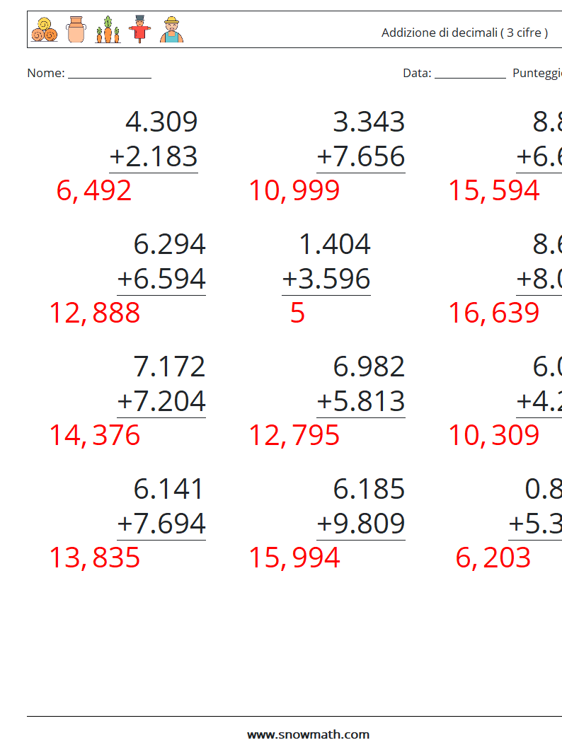 (12) Addizione di decimali ( 3 cifre ) Fogli di lavoro di matematica 8 Domanda, Risposta