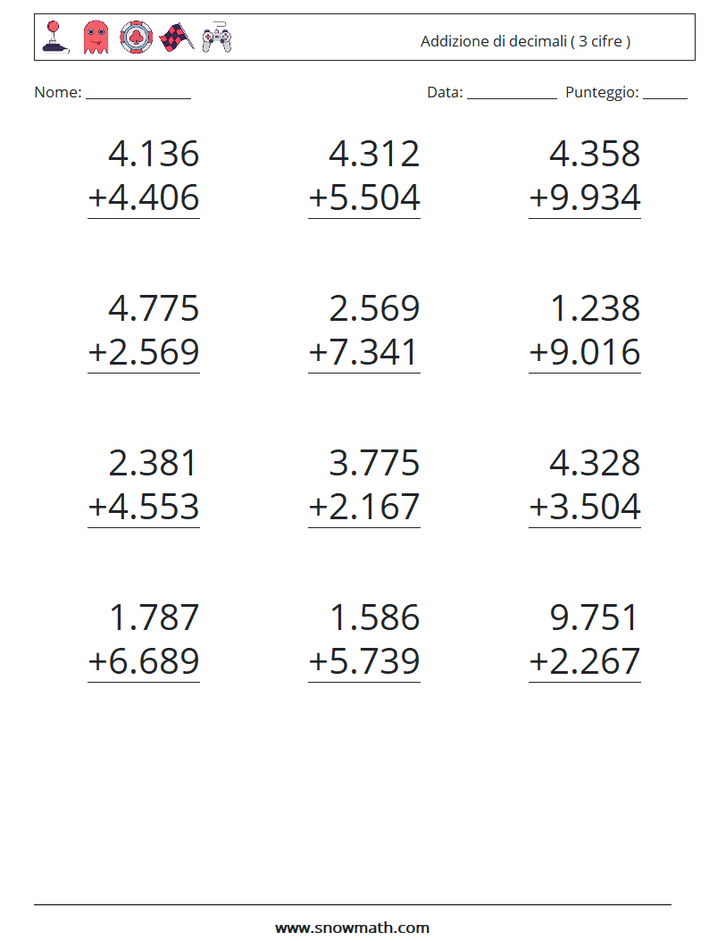 (12) Addizione di decimali ( 3 cifre ) Fogli di lavoro di matematica 9