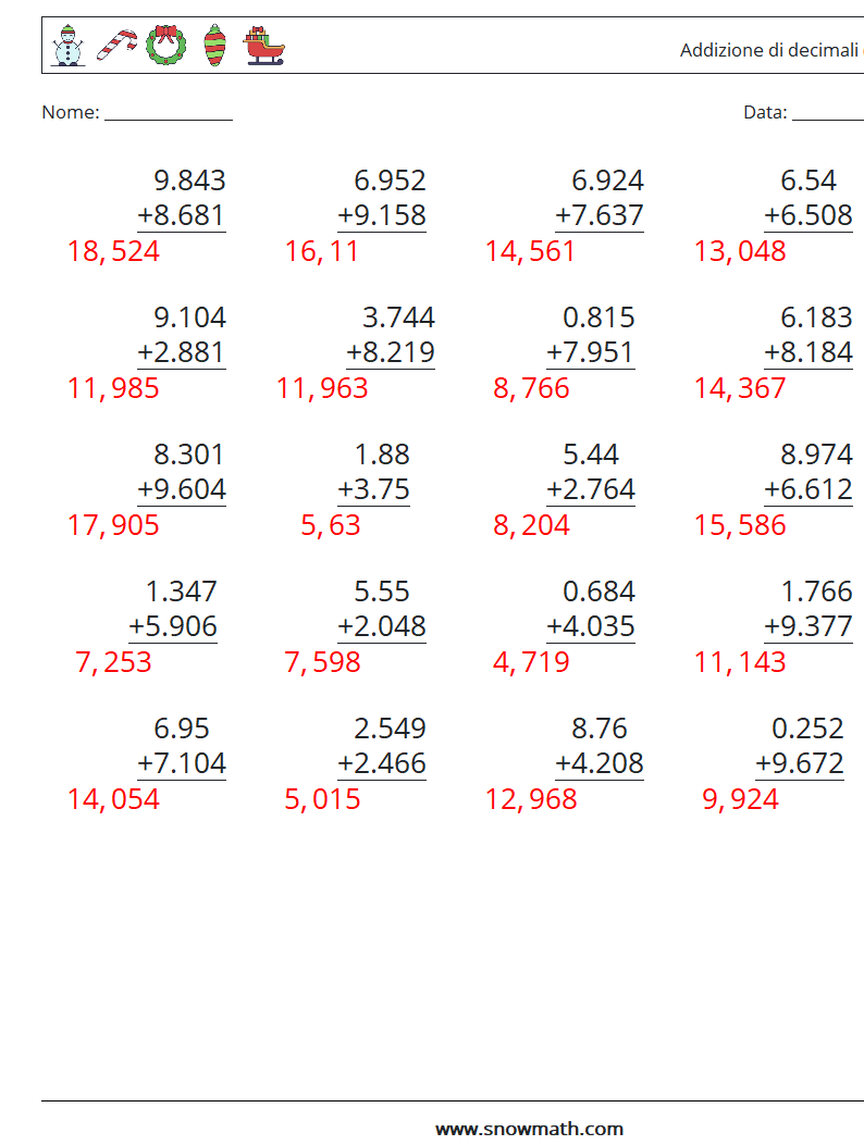 (25) Addizione di decimali ( 3 cifre ) Fogli di lavoro di matematica 11 Domanda, Risposta