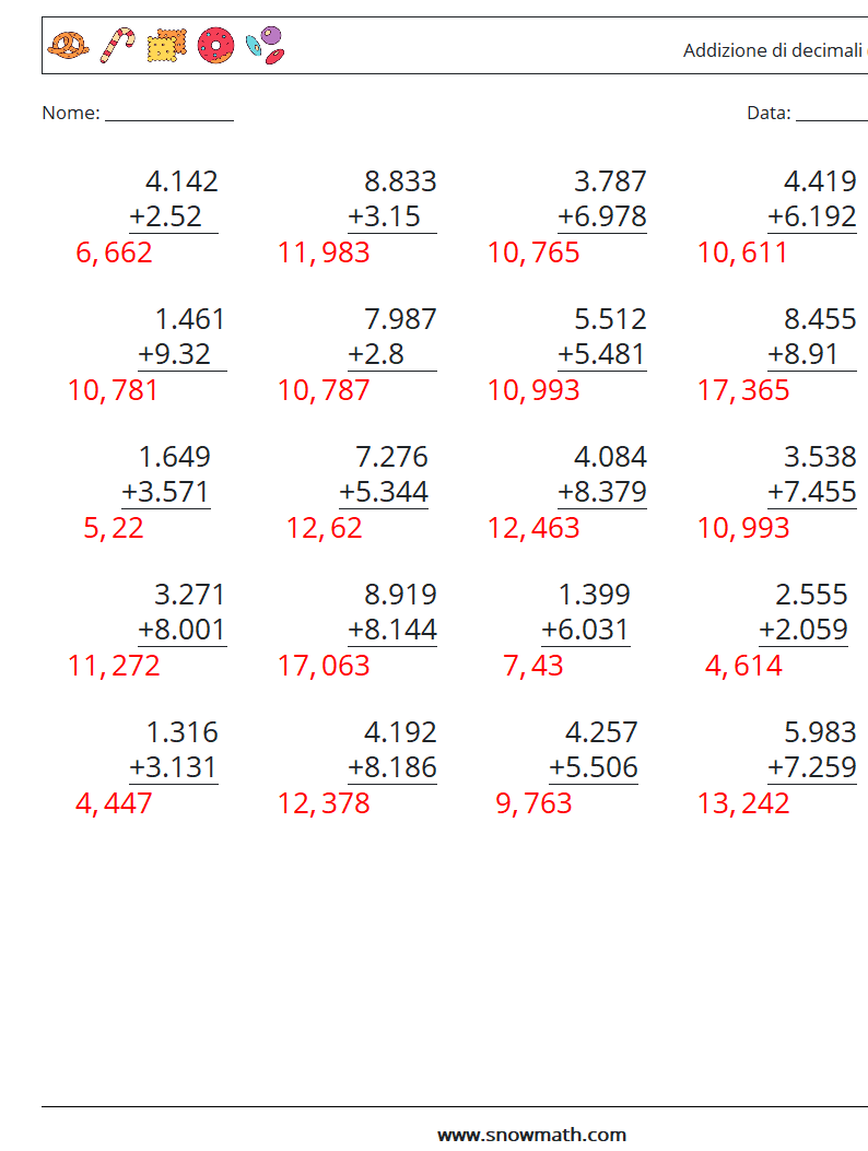 (25) Addizione di decimali ( 3 cifre ) Fogli di lavoro di matematica 15 Domanda, Risposta