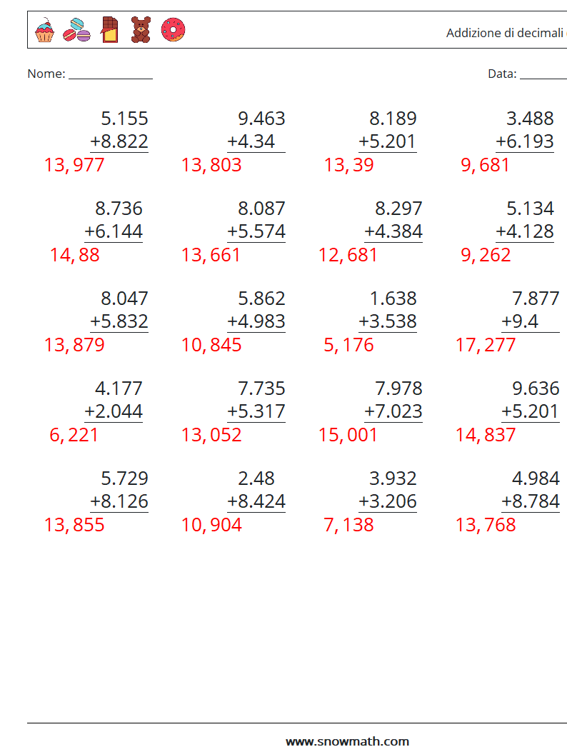 (25) Addizione di decimali ( 3 cifre ) Fogli di lavoro di matematica 17 Domanda, Risposta