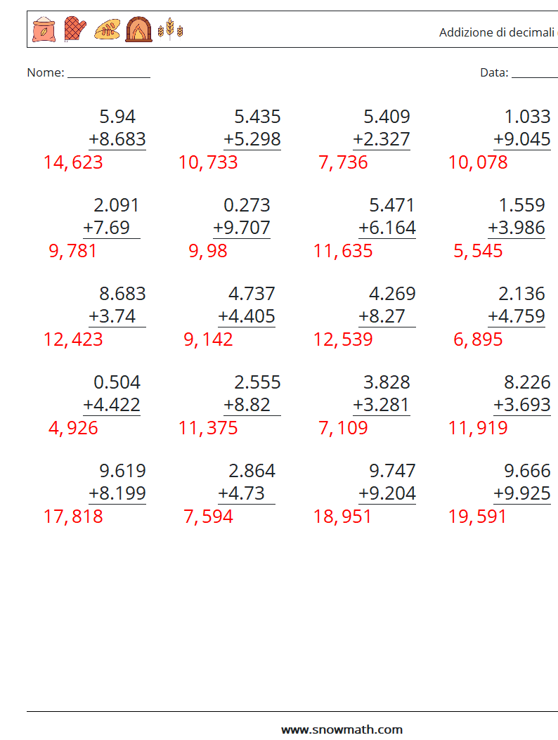 (25) Addizione di decimali ( 3 cifre ) Fogli di lavoro di matematica 2 Domanda, Risposta