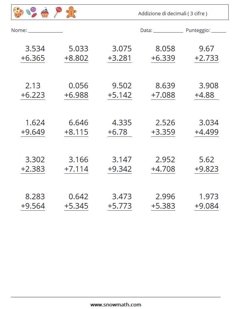 (25) Addizione di decimali ( 3 cifre ) Fogli di lavoro di matematica 3