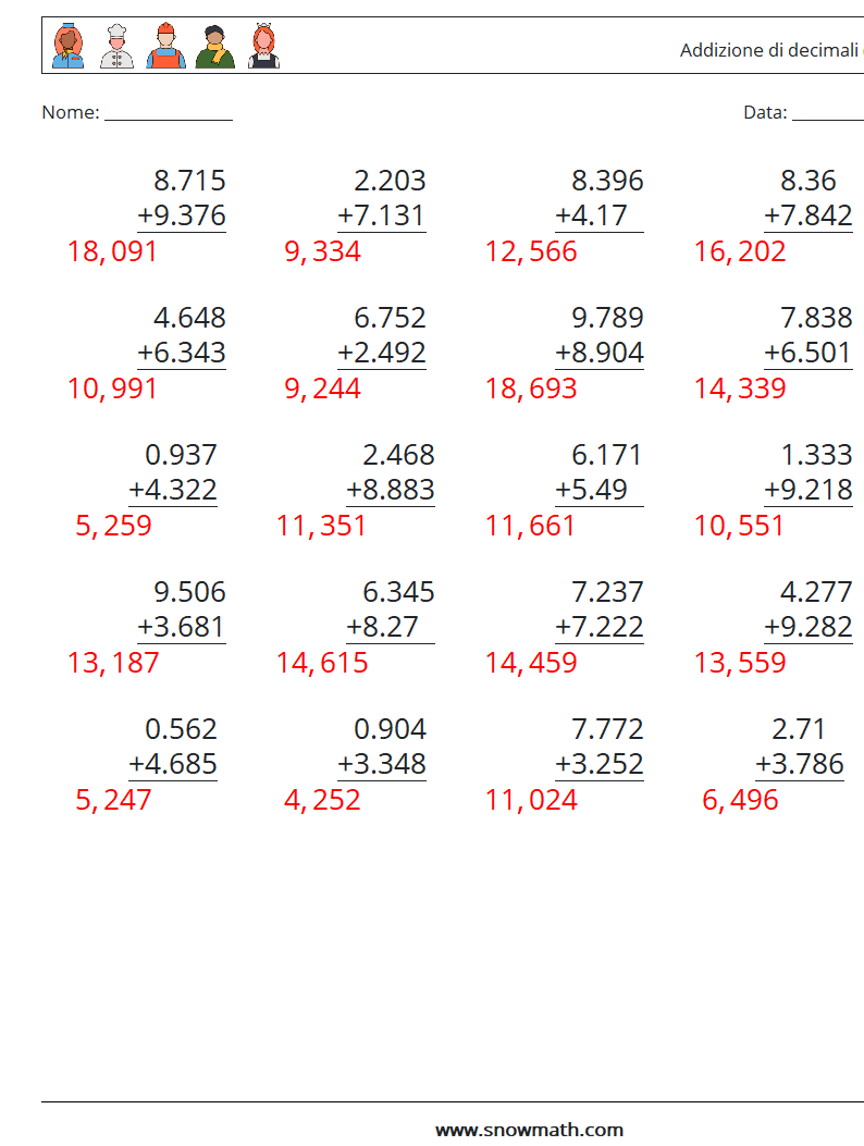 (25) Addizione di decimali ( 3 cifre ) Fogli di lavoro di matematica 4 Domanda, Risposta