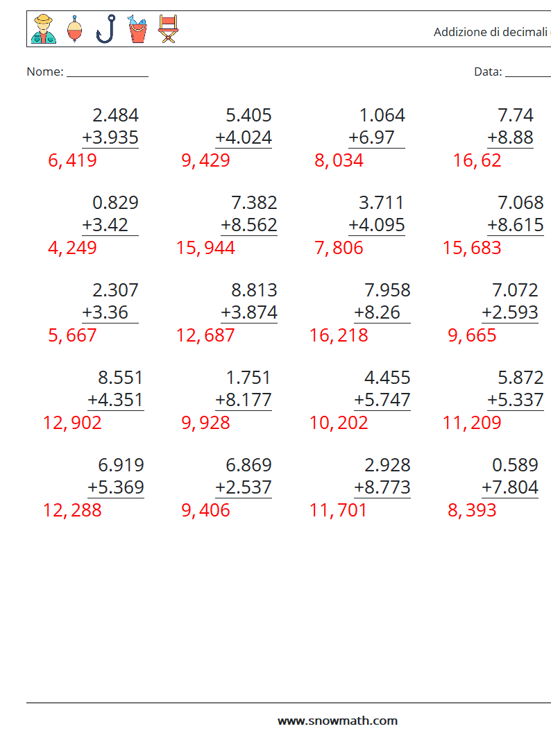 (25) Addizione di decimali ( 3 cifre ) Fogli di lavoro di matematica 5 Domanda, Risposta