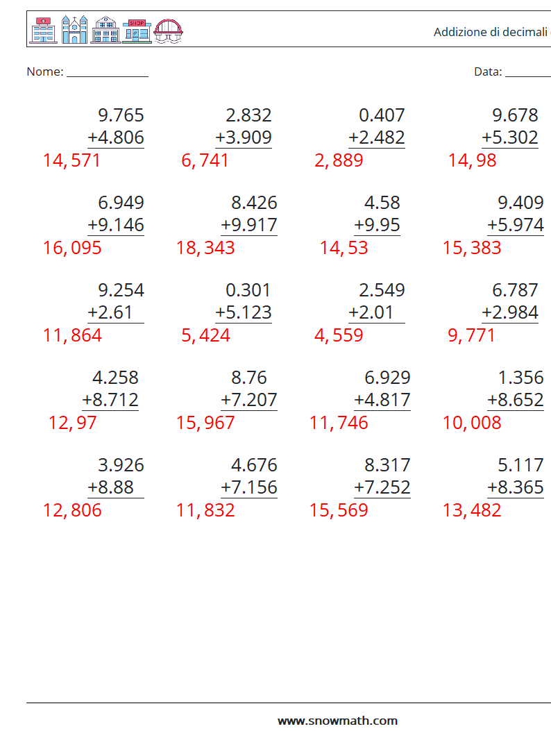 (25) Addizione di decimali ( 3 cifre ) Fogli di lavoro di matematica 6 Domanda, Risposta