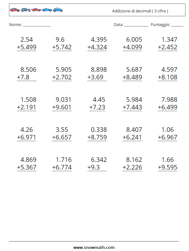 (25) Addizione di decimali ( 3 cifre ) Fogli di lavoro di matematica 8