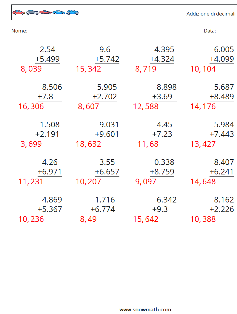 (25) Addizione di decimali ( 3 cifre ) Fogli di lavoro di matematica 8 Domanda, Risposta