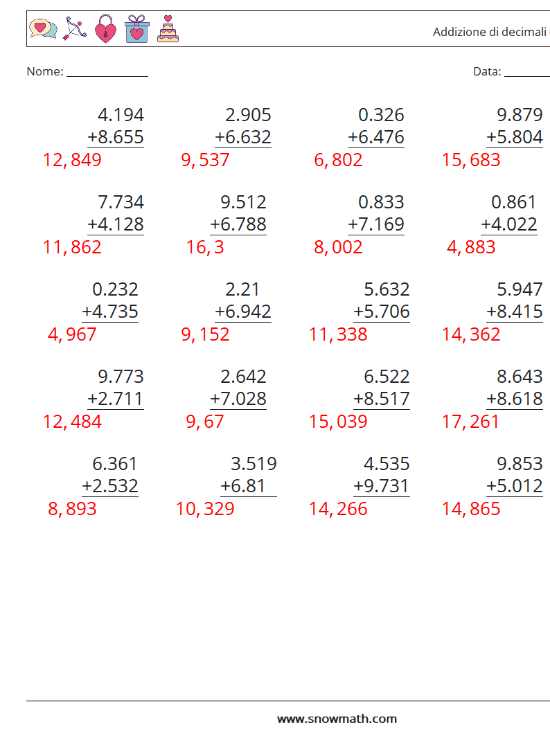 (25) Addizione di decimali ( 3 cifre ) Fogli di lavoro di matematica 9 Domanda, Risposta