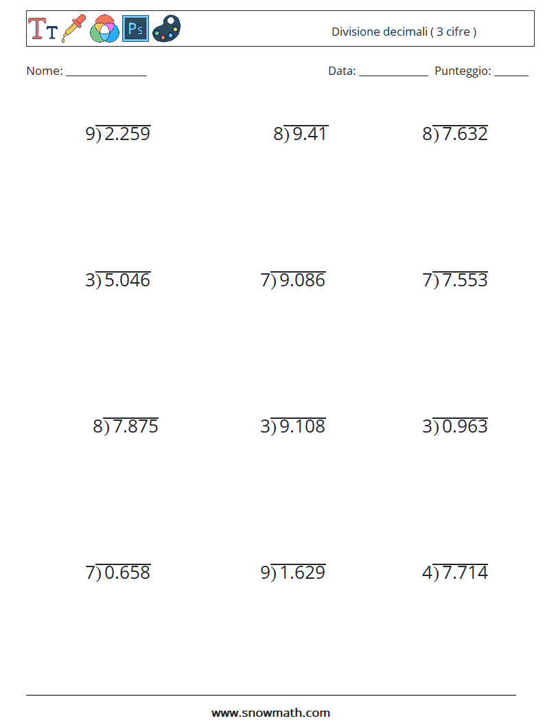 (12) Divisione decimali ( 3 cifre ) Fogli di lavoro di matematica 1