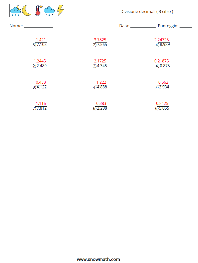 (12) Divisione decimali ( 3 cifre ) Fogli di lavoro di matematica 11 Domanda, Risposta
