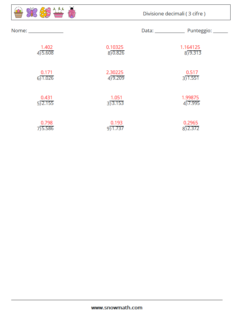 (12) Divisione decimali ( 3 cifre ) Fogli di lavoro di matematica 12 Domanda, Risposta