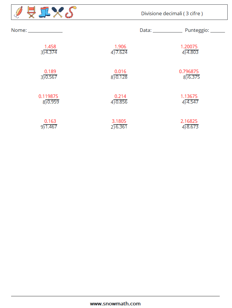 (12) Divisione decimali ( 3 cifre ) Fogli di lavoro di matematica 14 Domanda, Risposta