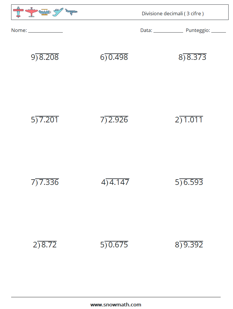 (12) Divisione decimali ( 3 cifre ) Fogli di lavoro di matematica 15