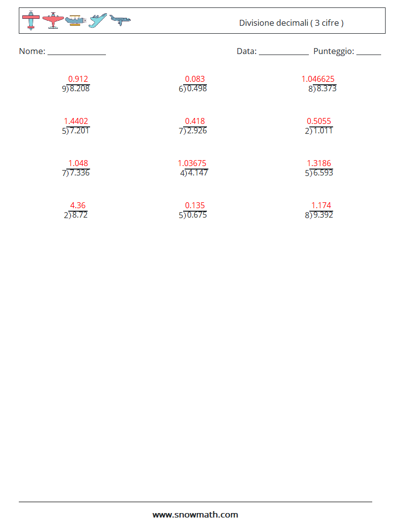 (12) Divisione decimali ( 3 cifre ) Fogli di lavoro di matematica 15 Domanda, Risposta