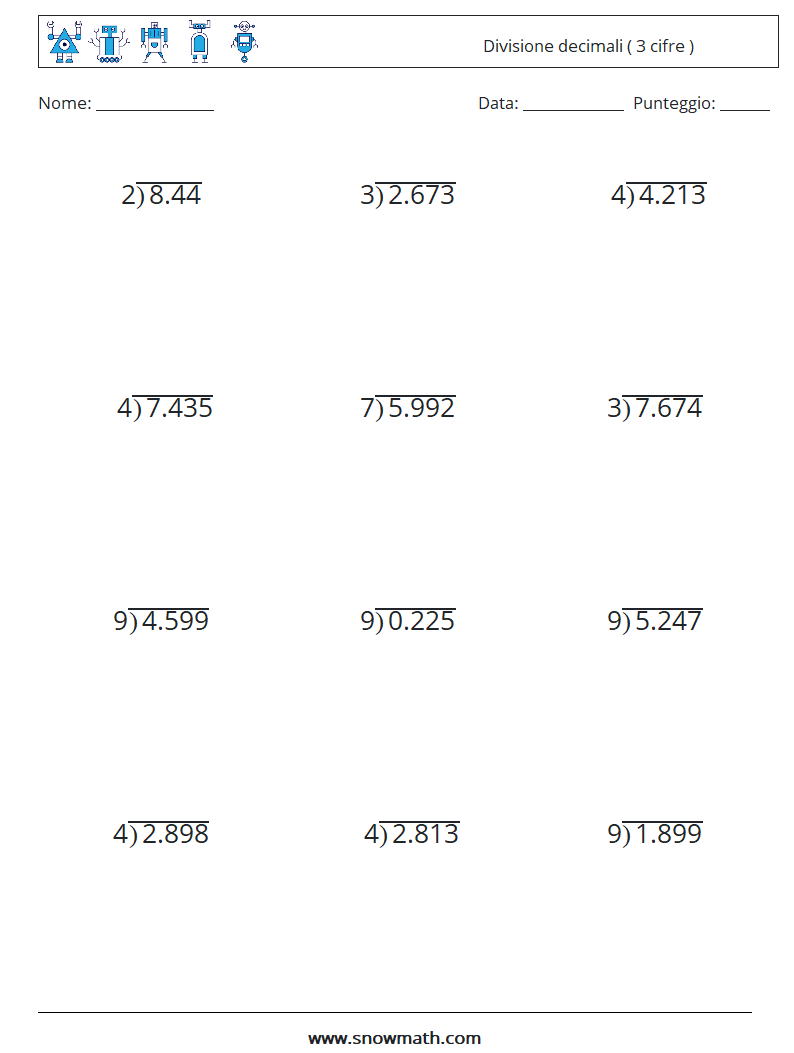 (12) Divisione decimali ( 3 cifre ) Fogli di lavoro di matematica 17